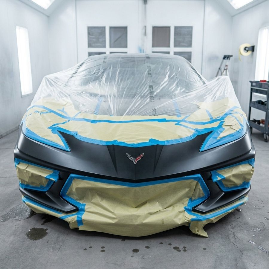 Chevrolet Corvette enmascarado dentro de la cabina de pintura