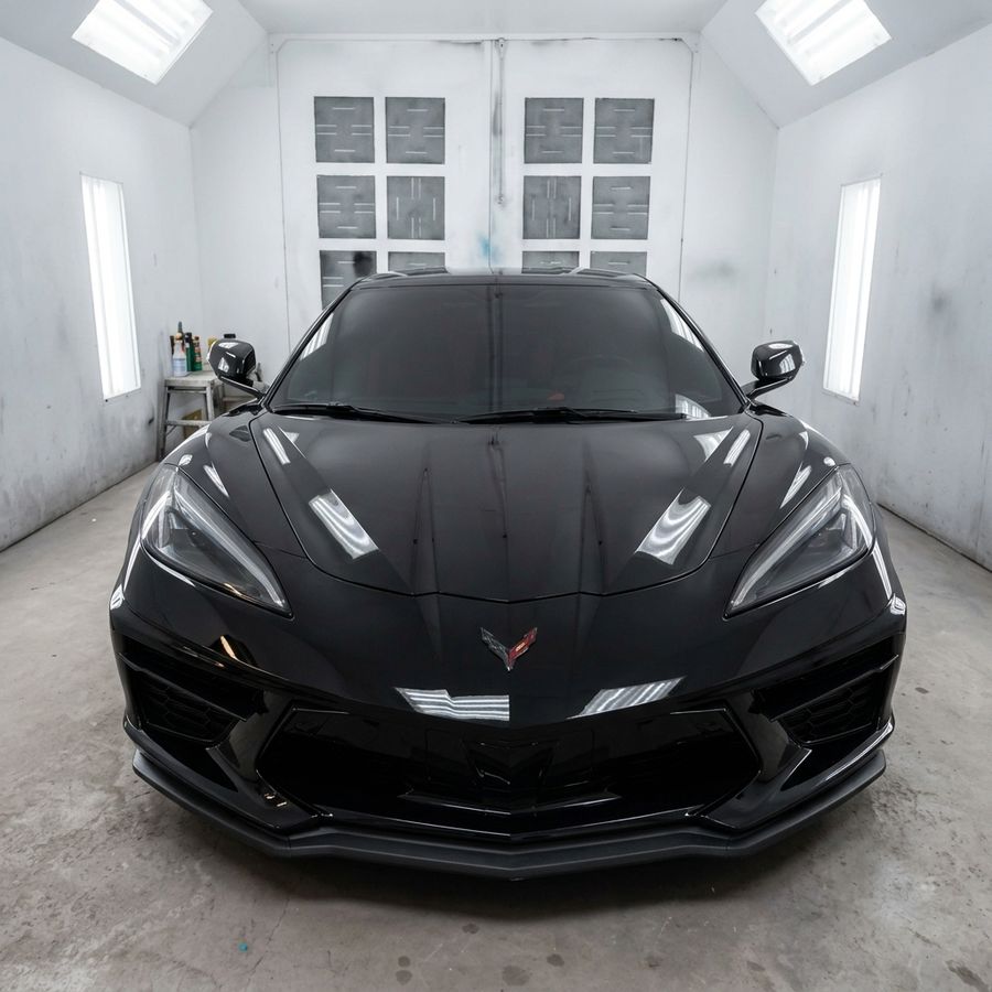 El mismo Chevrolet Corvette negro terminado y pulido