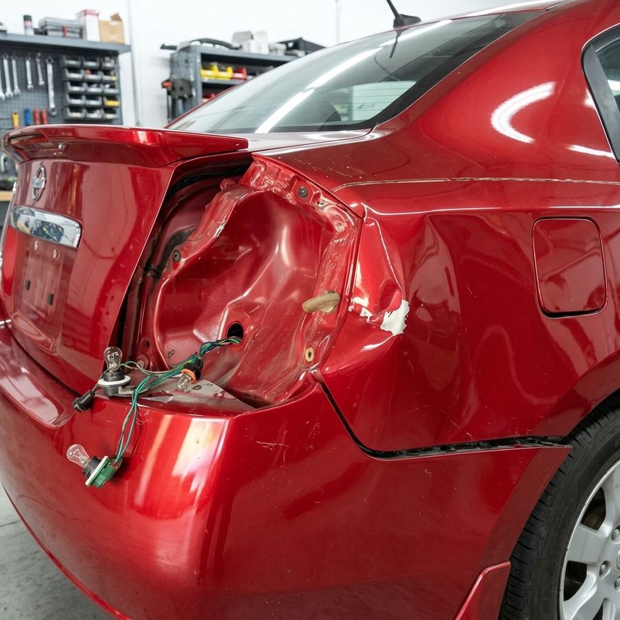 Nissan Sentra rojo con el cuarto trasero hundido y el bumper arrancado