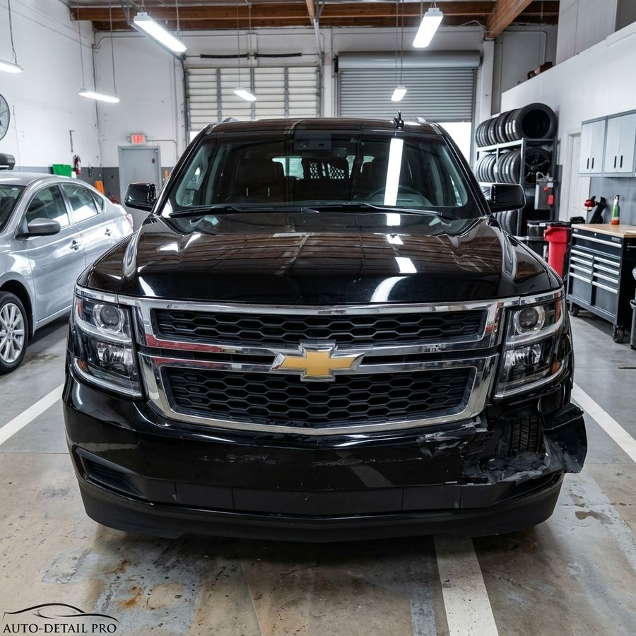 Chevrolet Tahoe negra con el frente golpeado y el bumper suelto