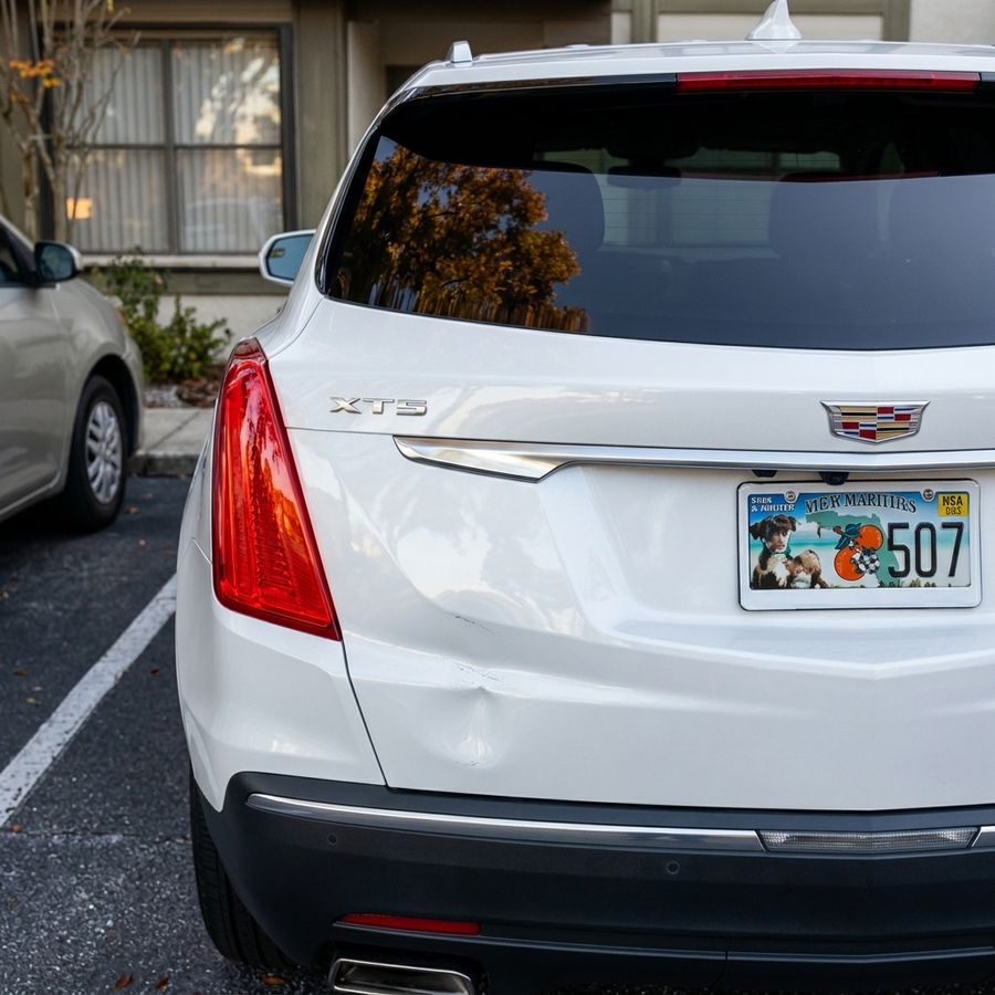 Cadillac XT5 blanca con daño en la parte trasera