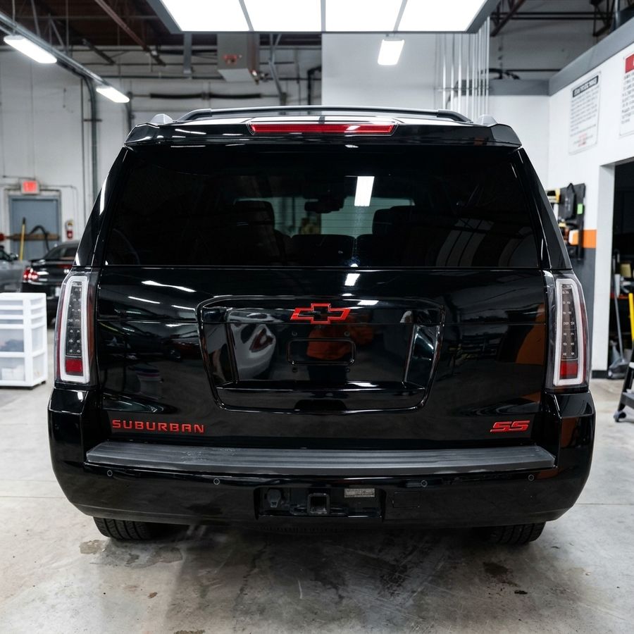 La misma Chevrolet Suburban negra con el trasero reparado y pintado