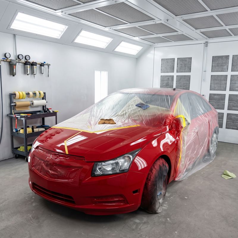Chevrolet Cruze rojo enmascarado dentro de la cabina de pintura