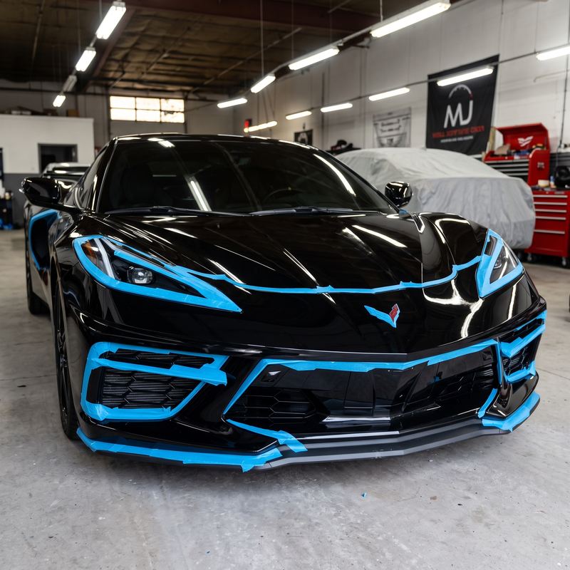 Chevrolet Corvette negro enmascarado línea por línea en el taller