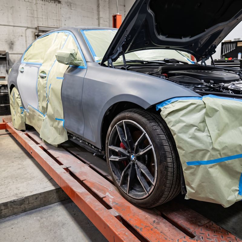 BMW sobre la bancada con el frente preparado para pintura
