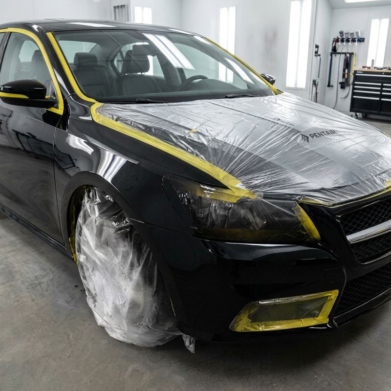 Nissan negro enmascarado y forrado antes de entrar a pintura