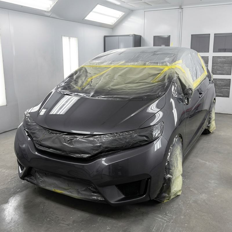 Honda gris enmascarado dentro de la cabina de pintura